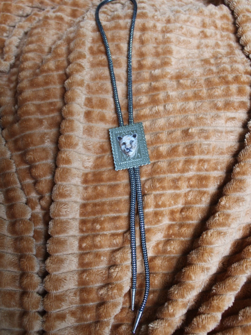 Adjustable Black and Silver Bolo Necktie with Cat/Panther Pendant